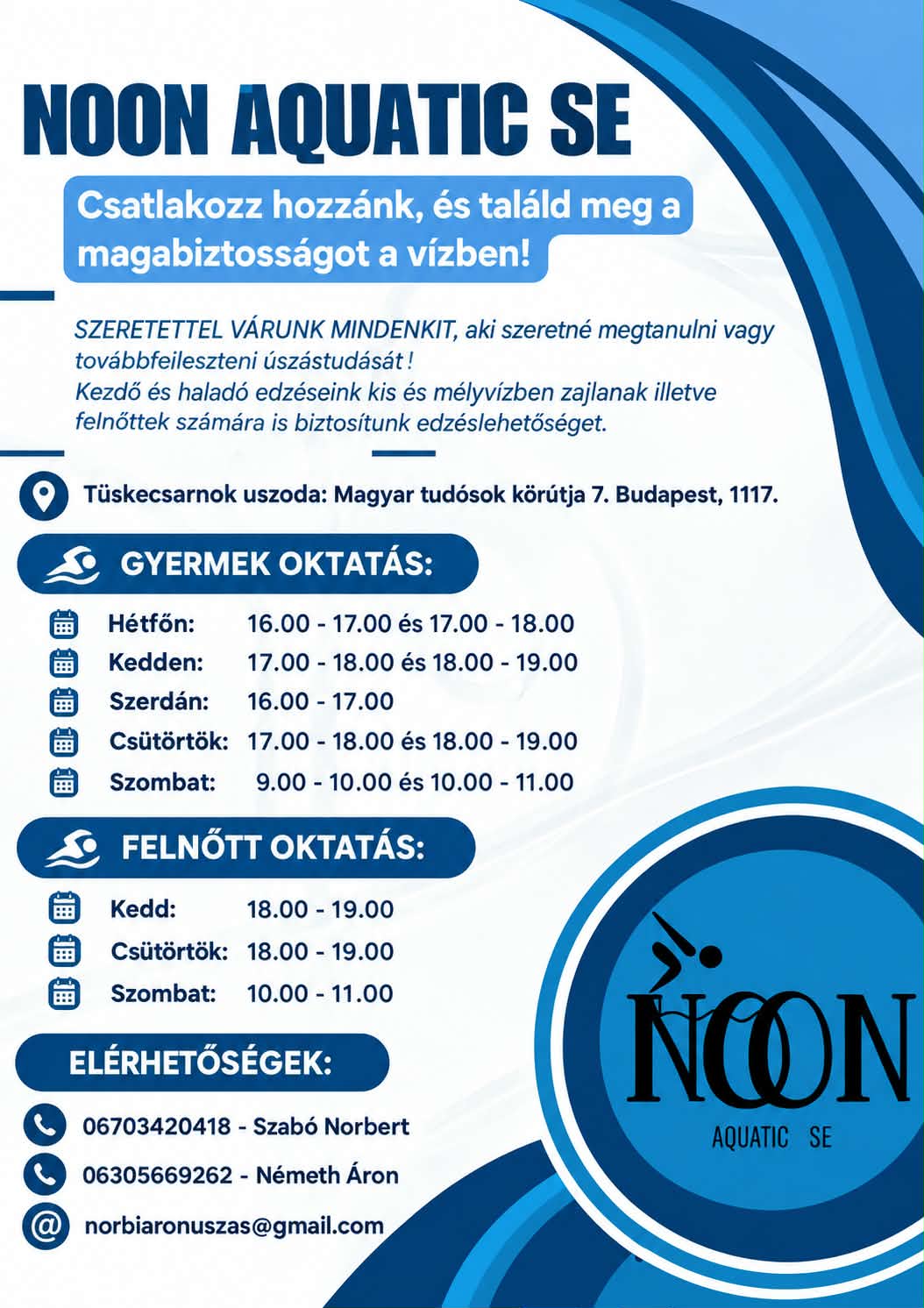 NOON Aquatic SE plakát – gyermek és felnőtt úszásoktatás órarendje a Tüskecsarnokban